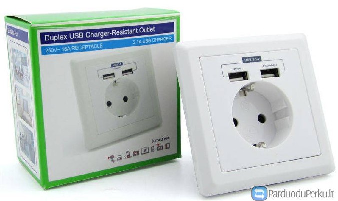 Balta 220v sienos rozetė su dviem Usb lizdais