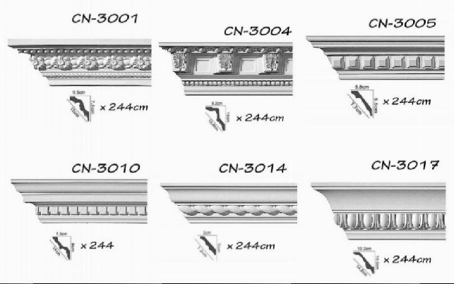 Grindjuostės, lubiniai karnizai, moldingai, sienų dekoras