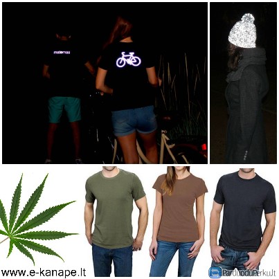 Marškinėliai ir kepurės su atšvaitais, kanapių drabužiai kt.