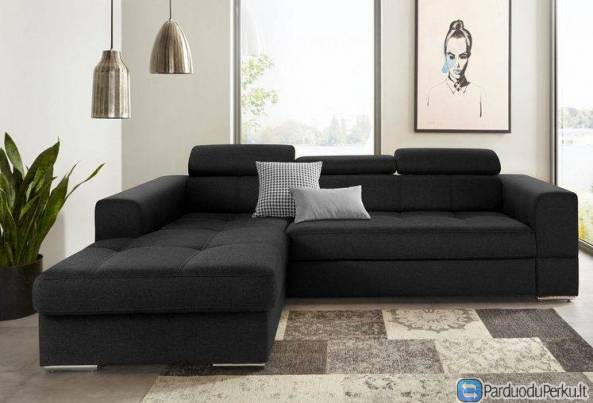 Minkštas kampas L formos Nr109 juodas su miego funkcija ir patalynes deze