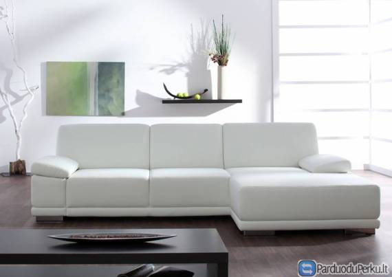 Minkštas kampas L formos Nr130 balta naturali oda su miego funkcija
