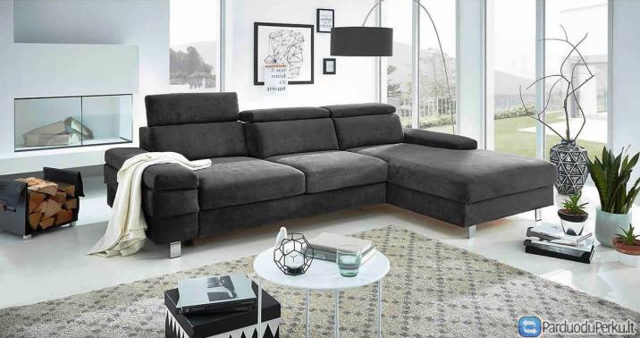 Minkštas kampas L formos Nr131 pilkas su miego funkcija ir patalynes deze