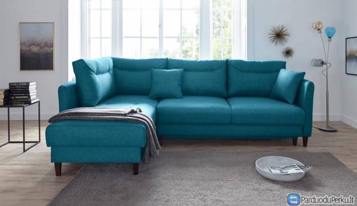 Minkštas kampas L formos Nr141 mėlynas su miego funkcija ir dėže patalynei