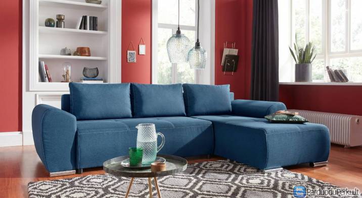 Minkštas kampas L formos Nr147 mėlynas su miego funkcija ir dėže patalynei