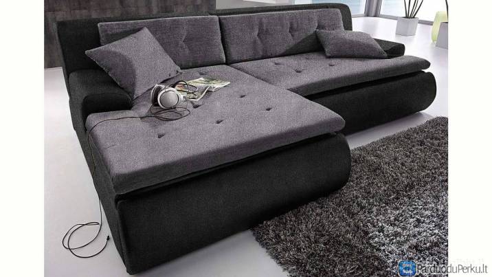Minkštas kampas L formos Nr15 juoda/pilka su miego funkcija ir patalynės dėže