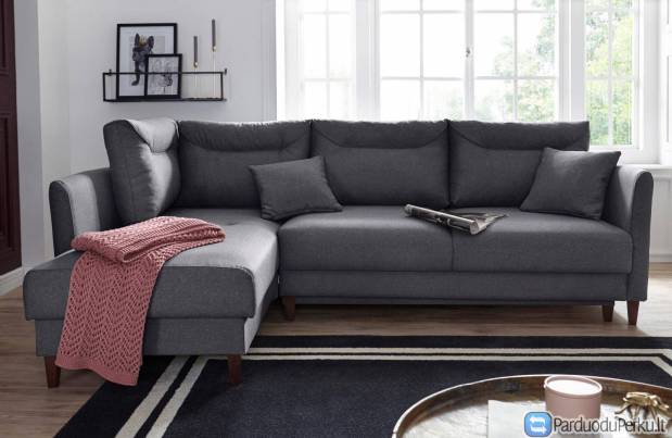 Minkštas kampas L formos Nr141 pilka struktura su miego funkcija ir dėže patalynei
