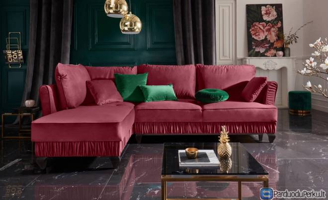 Minkštas kampas L formos Nr157 veliūras raudonas