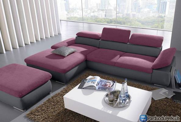 Minkštas kampas L formos Nr51 az.pilka+az.violetine su funkcija su pufu