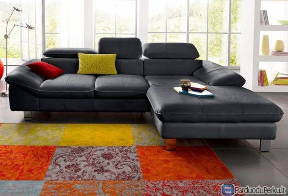 Minkštas kampas L formos Nr8 juodas naturali oda be miego funkcijos