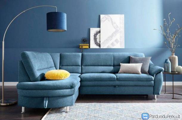 Minkštas kampas L formos Nr88 mėlynas su miego funkcija ir dėže patalynei