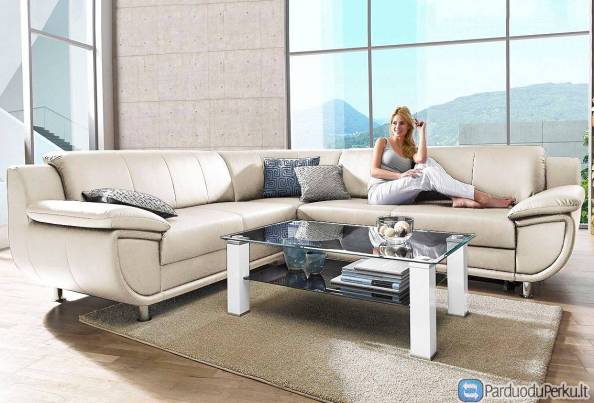 Minkštas kampas L formos Nr91 balta naturali oda be miego