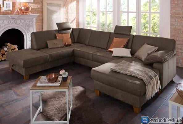 Minkštas kampas U formos Nr136 rudas su miego funkcija ir dėže patalynei