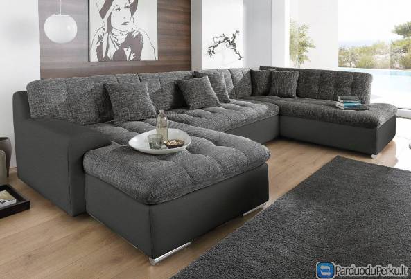 Minkštas kampas U formos Nr21 juoda eko oda/struktura pilka su miego funkcija