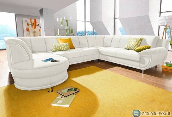 Minkštas kampas U formos Nr25 balta naturali oda su miego funkcija