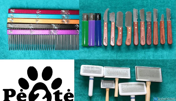 Profesionalūs įrankiai gyvūnų kailio priežiūrai.