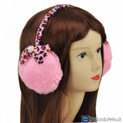 Šiltos ausinės mergaitėms dekoruotos kaspinėliais ir perliukais