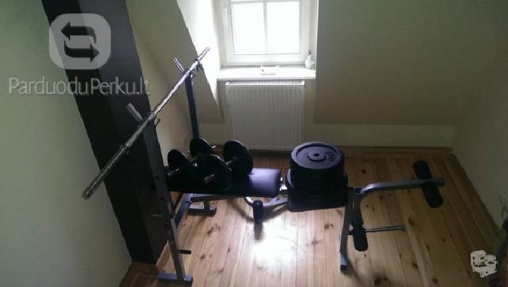 Štanga + suoliukas + du hanteliai + 90 kg svorio