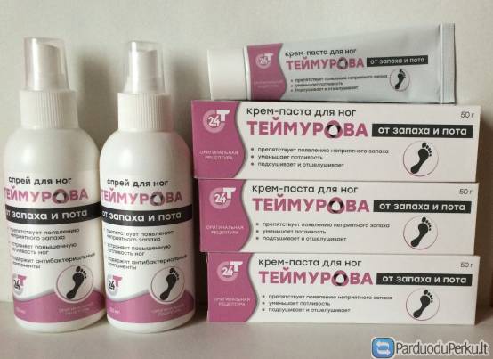 Teimurova pasta ir purškiklis kojoms nuo prakaitavimo