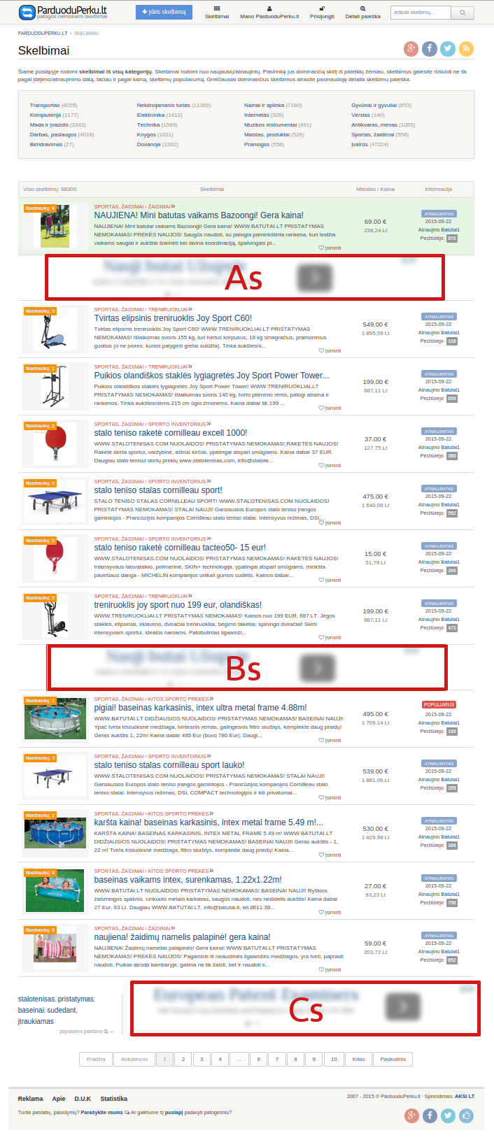 Reklama skelbimų sąrašo puslapyje