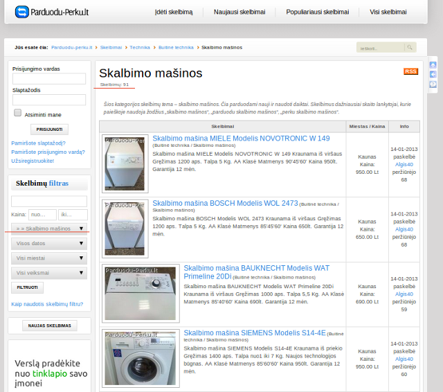 Skelbimų sąrašas be filtro