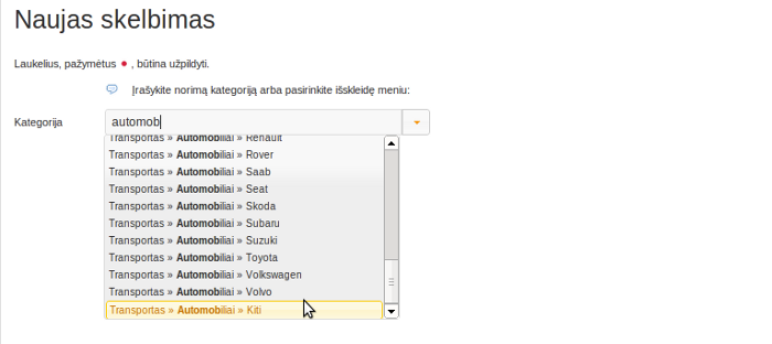 Kategorijos pasirinkimas